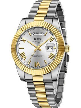Nibosi Men's Silver Gold Analog Quartz Stainless Waterproof Desiger Wrist Watch